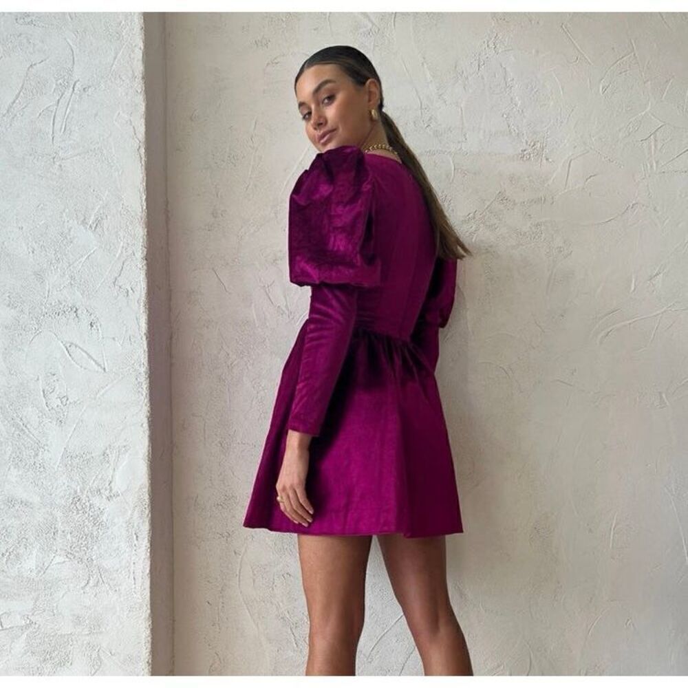 Alemais Rosario Mini Fuchsia Velvet Puff Sleeve Dress Women’s US Size 2 - Picture 3 of 15